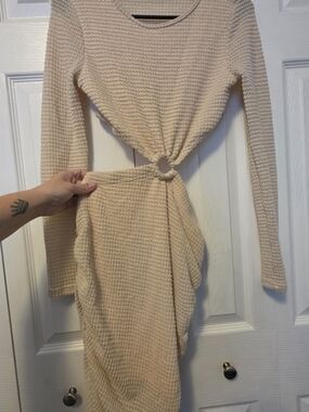SHEIN Beige Long Sleeve Knit Cutout Ring Dress